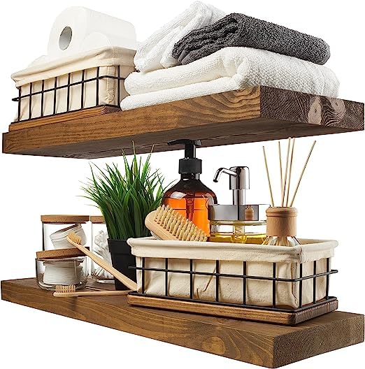 ODEJIA Wood Floating Shelves Set of 2 for Living Room Bedroom Kitchen Bathroom Farmhouse
