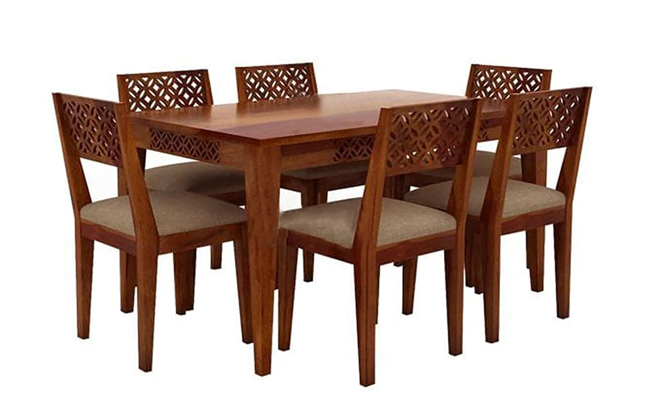 Odejia Solid Sheesham Wood 6-Seater Dining Table Set with Cushioned Chairs – Honey Finish