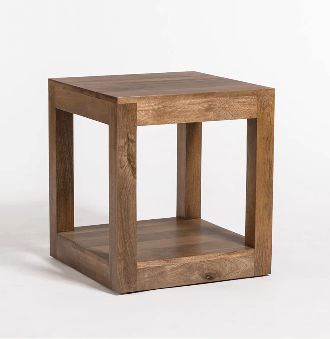 ODEJIA Solid Sheesham Wood Lamp Side Table with Lower Shelf Brown