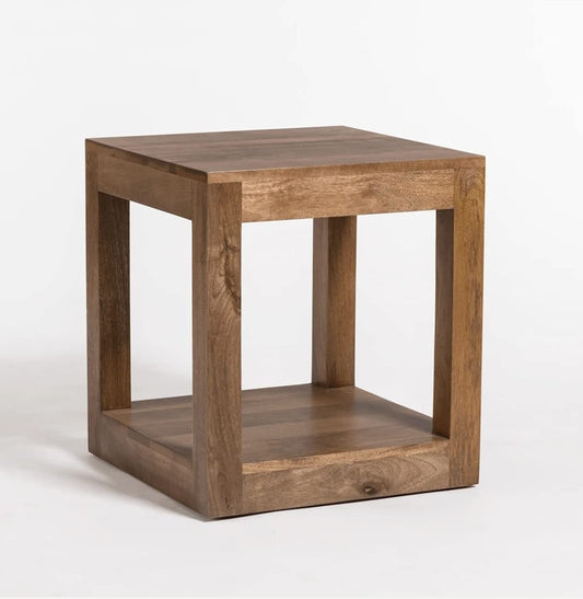 ODEJIA Solid Sheesham Wood Lamp Side Table with Lower Shelf Brown