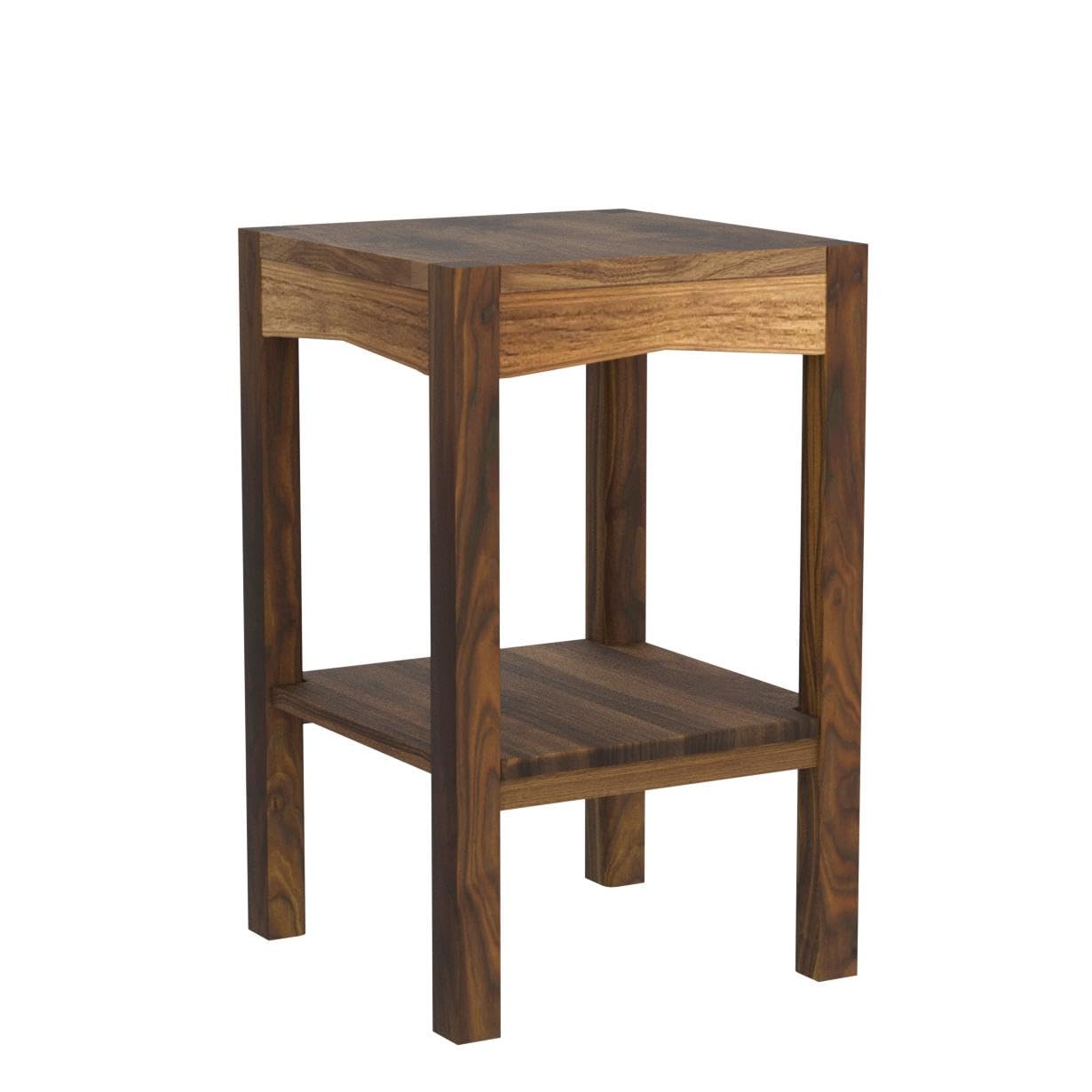 ODEJIA Solid Sheesham Wood Lamp Side Table with Lower Shelf Brown