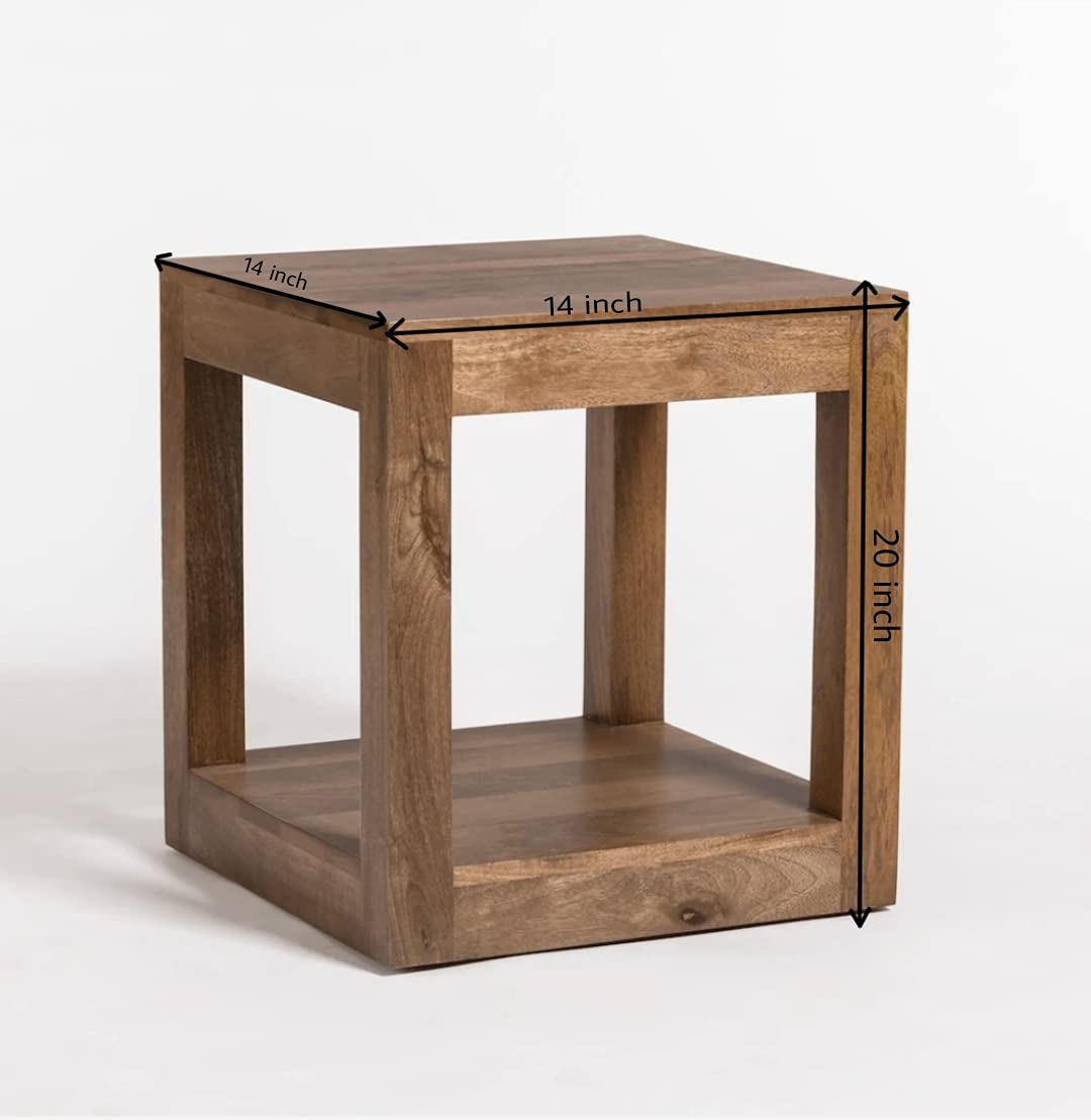 ODEJIA Solid Sheesham Wood Lamp Side Table with Lower Shelf Brown