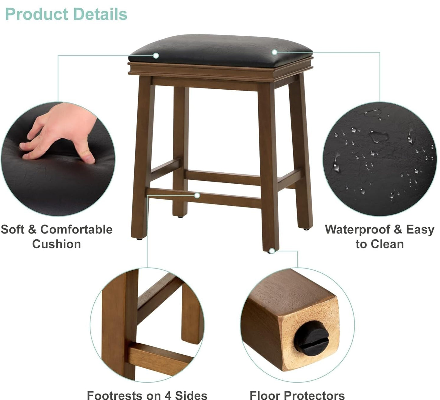 ODEJIA Solid Sheesham Bar Stools Set of 2 for Kitchen Counter Height Classic Barstools Faux Leather Farmhouse Upholstered Stools for 34"-38" Island, Black Cushion & Dark Brown Legs (Set of 2)