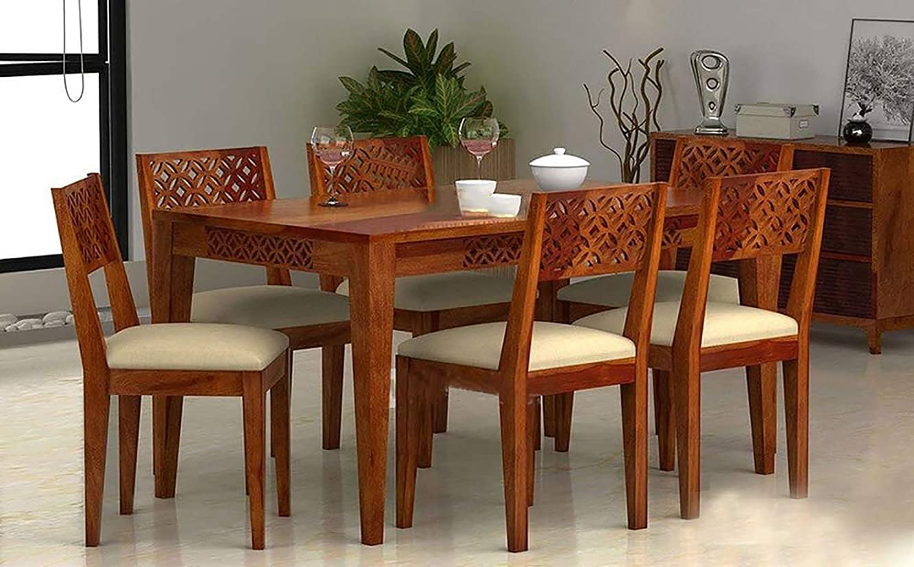 Odejia Solid Sheesham Wood 6-Seater Dining Table Set with Cushioned Chairs – Honey Finish