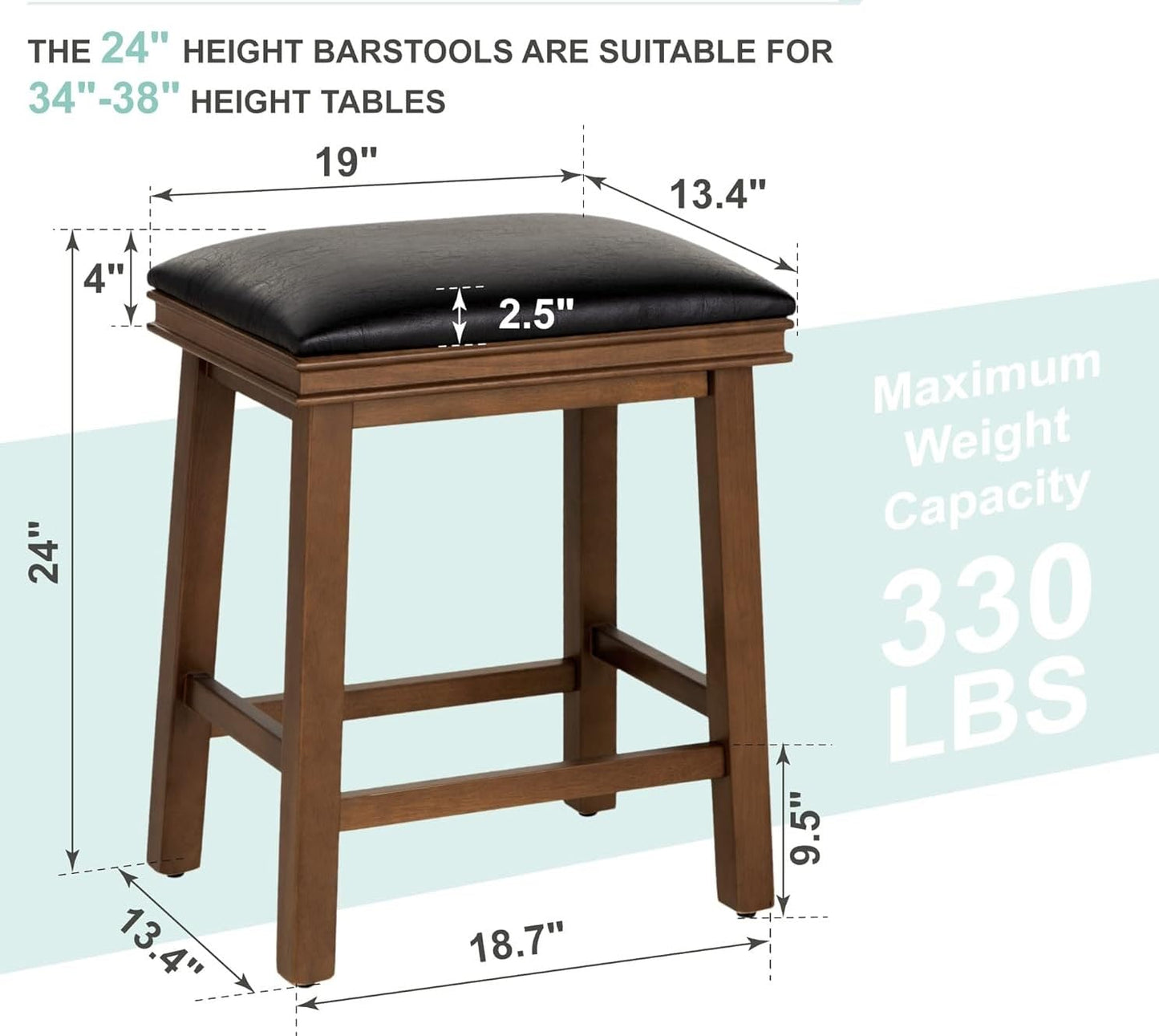ODEJIA Solid Sheesham Bar Stools Set of 2 for Kitchen Counter Height Classic Barstools Faux Leather Farmhouse Upholstered Stools for 34"-38" Island, Black Cushion & Dark Brown Legs (Set of 2)