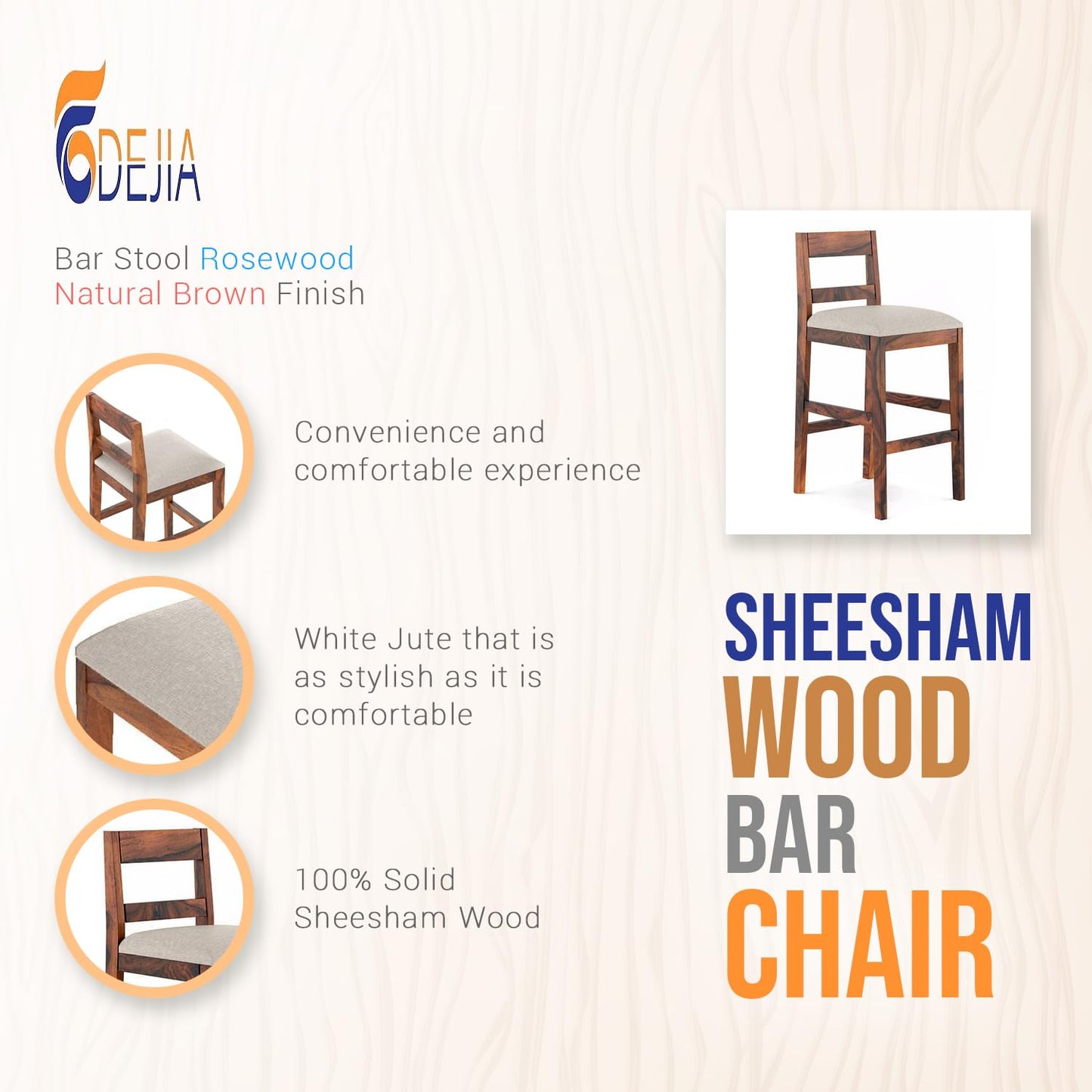ODEJIA Solid Sheesham Wood Bar Chair Bar Stool Rosewood Natural Brown Finish., 48.3 Centimeters, Teal