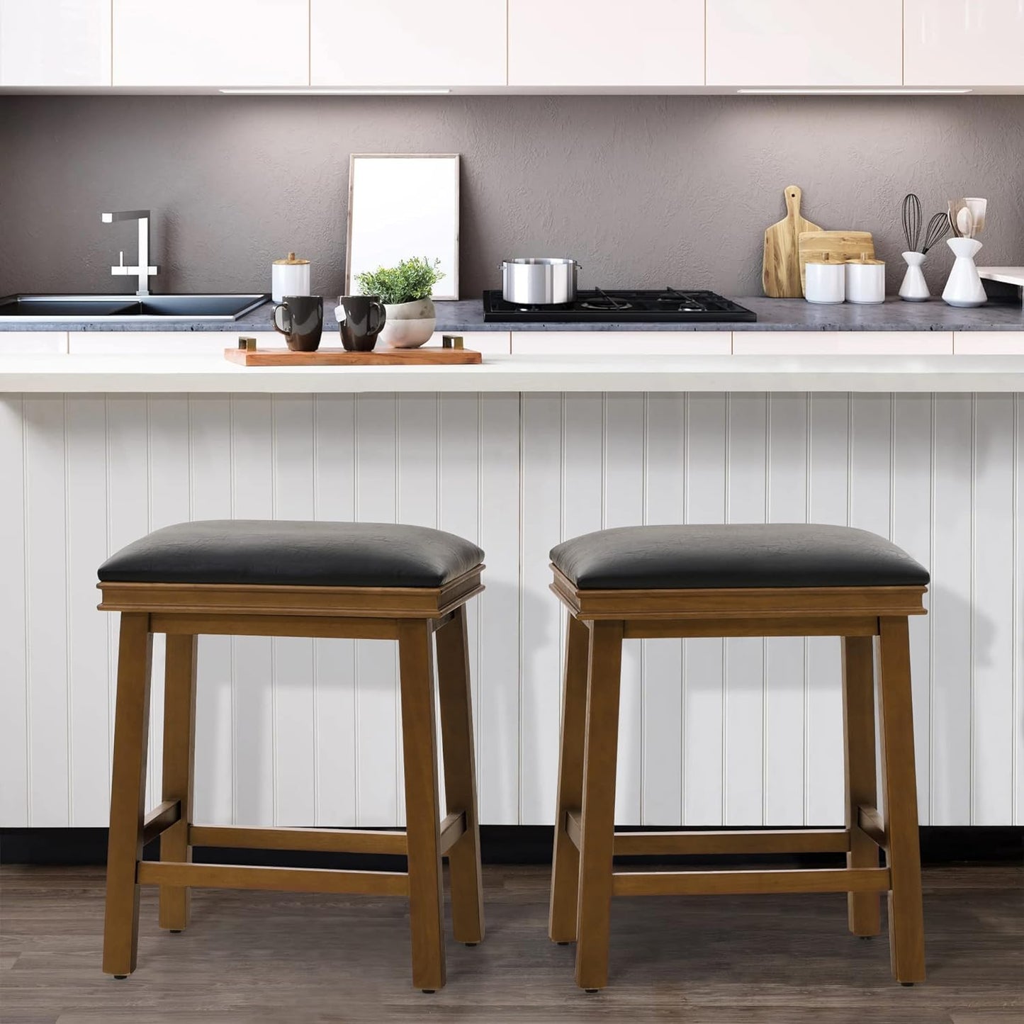 ODEJIA Solid Sheesham Bar Stools Set of 2 for Kitchen Counter Height Classic Barstools Faux Leather Farmhouse Upholstered Stools for 34"-38" Island, Black Cushion & Dark Brown Legs (Set of 2)