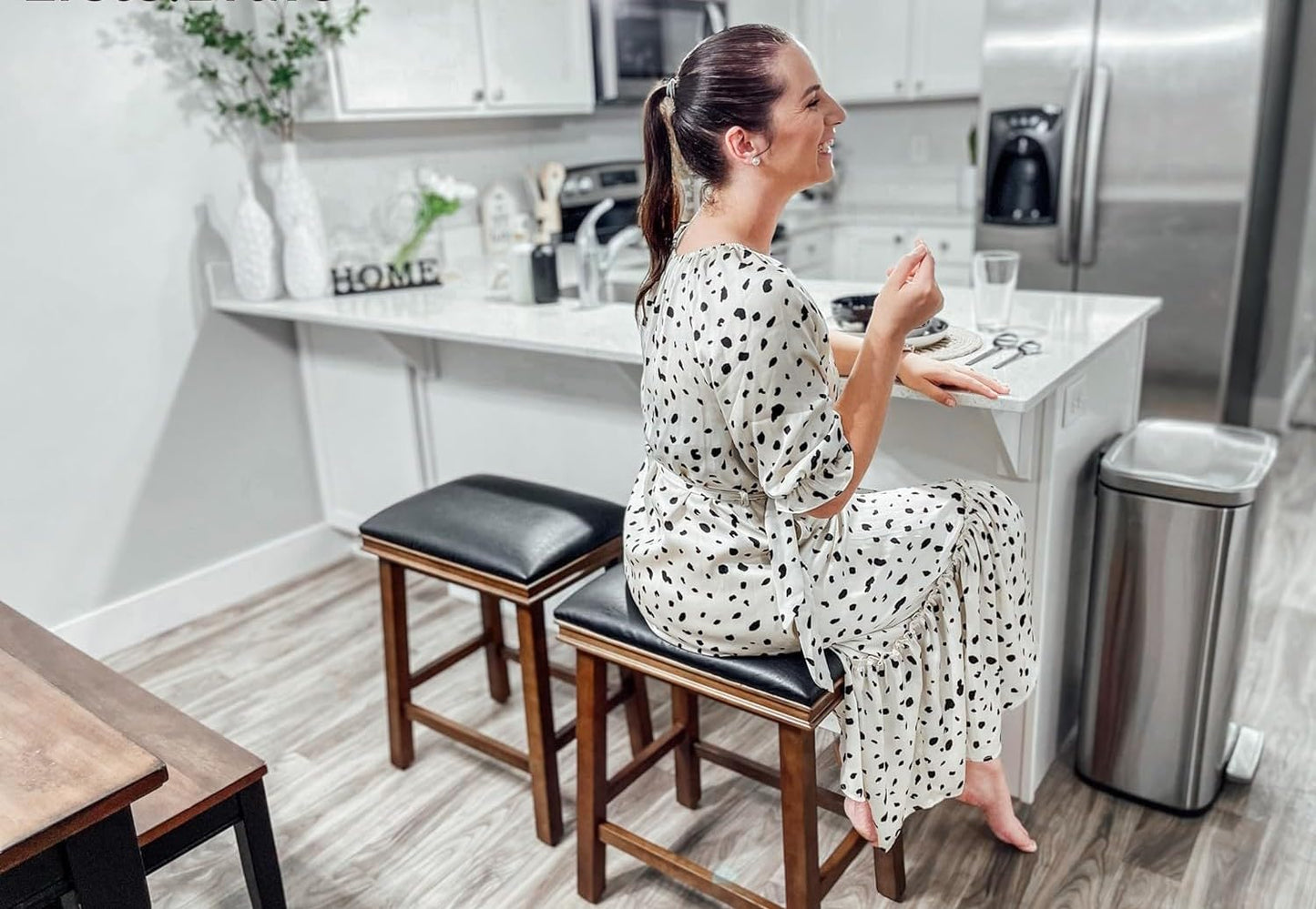 ODEJIA Solid Sheesham Bar Stools Set of 2 for Kitchen Counter Height Classic Barstools Faux Leather Farmhouse Upholstered Stools for 34"-38" Island, Black Cushion & Dark Brown Legs (Set of 2)