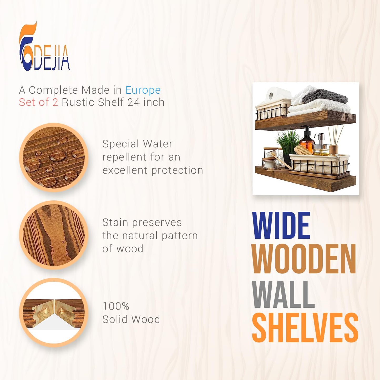 ODEJIA Wood Floating Shelves Set of 2 for Living Room Bedroom Kitchen Bathroom Farmhouse