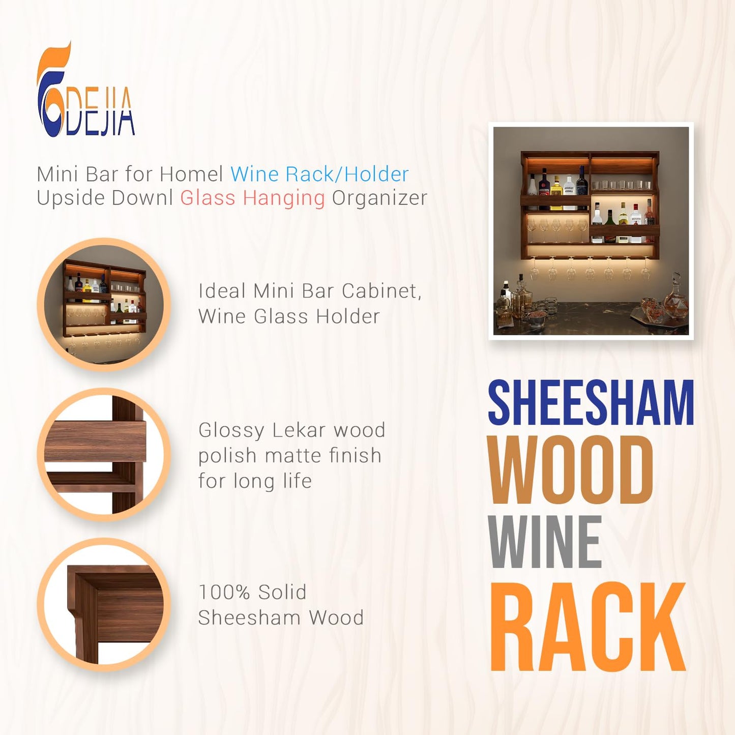 ODEJIA Wall-Mounted Wine Rack & Glass Holder – 30x24 Inch Rosewood Bar Cabinet