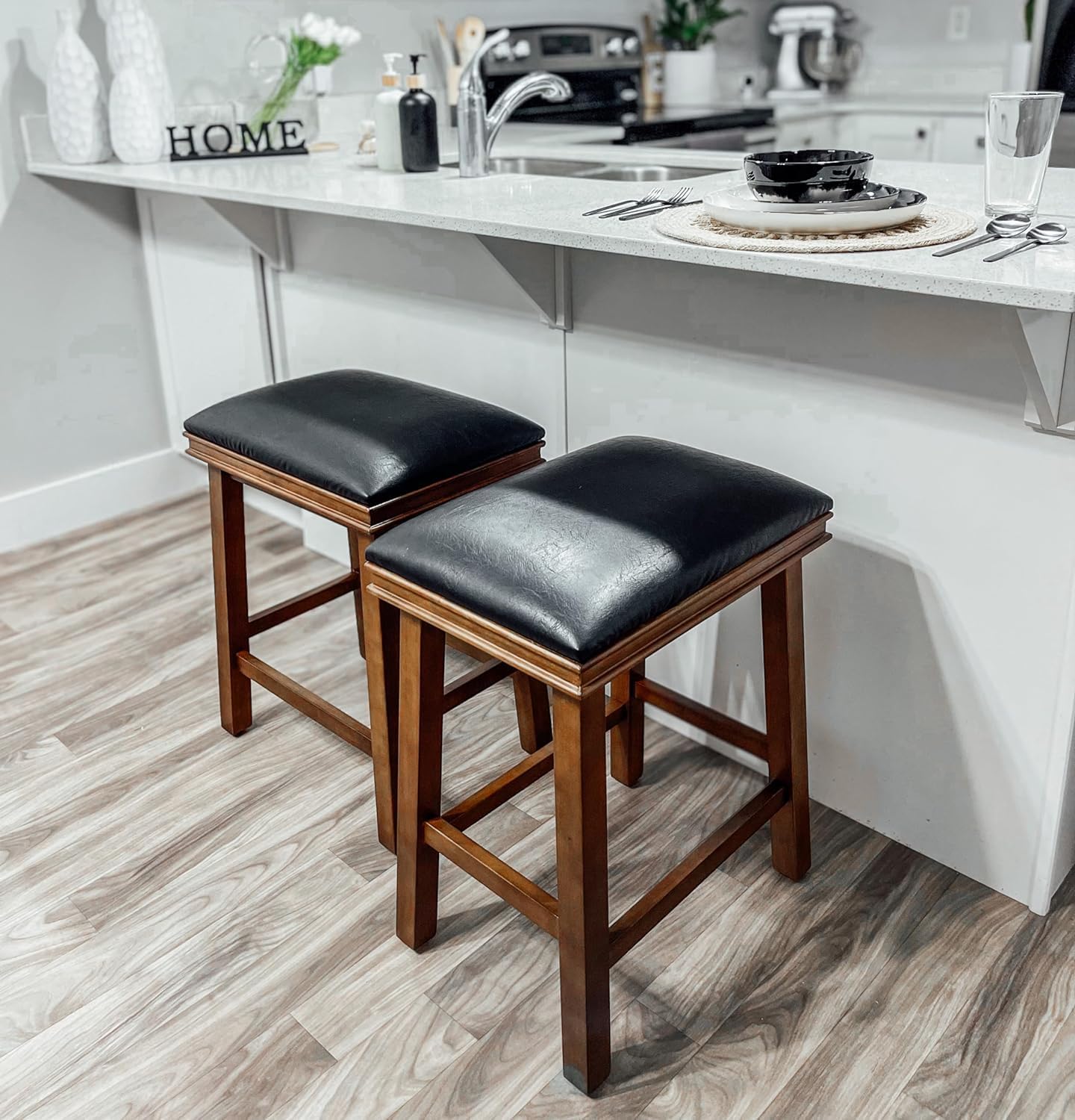 ODEJIA Solid Sheesham Bar Stools Set of 2 for Kitchen Counter Height Classic Barstools Faux Leather Farmhouse Upholstered Stools for 34"-38" Island, Black Cushion & Dark Brown Legs (Set of 2)