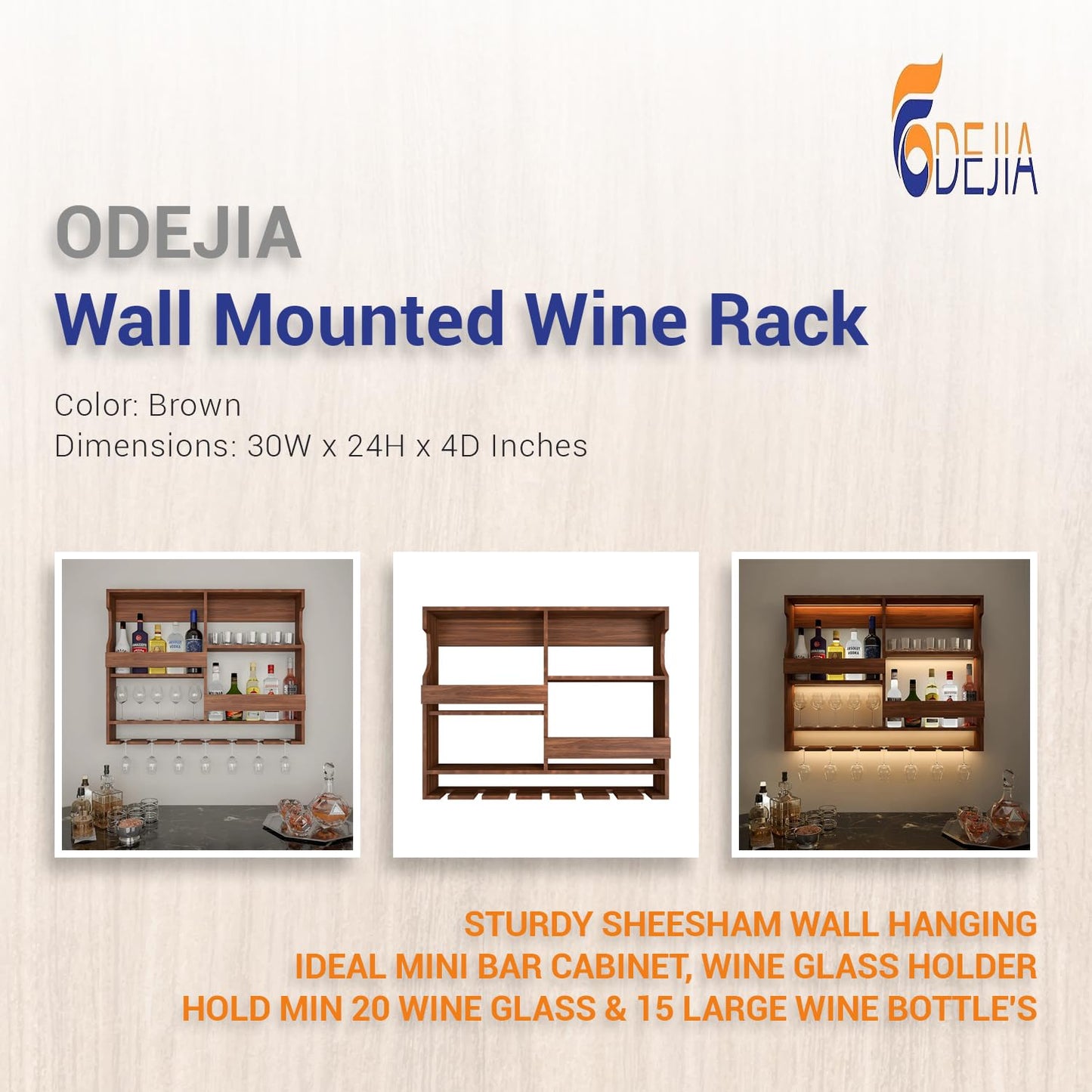 ODEJIA Wall-Mounted Wine Rack & Glass Holder – 30x24 Inch Rosewood Bar Cabinet