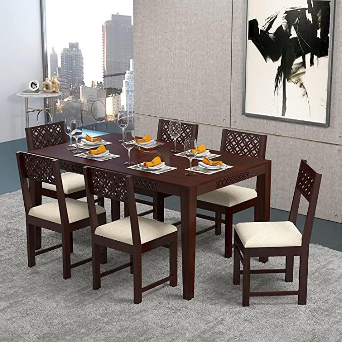 Odejia 6 - Seater Solid Sheesham Wood Dining Table Set with Cushioned Chairs – Walnut Finish for Home Dining Room - ODEJIA Dining table
