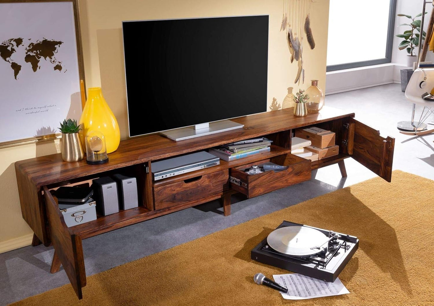 ODEJIA Furniture Wooden Entertainment Tv Unit for Living Room | TV Stand/Tv Cabinet with 2 Door, 2 Drawers & Shelf Storage | Solid Wood Sheesham, Brown Finish - ODEJIA Tv Unit