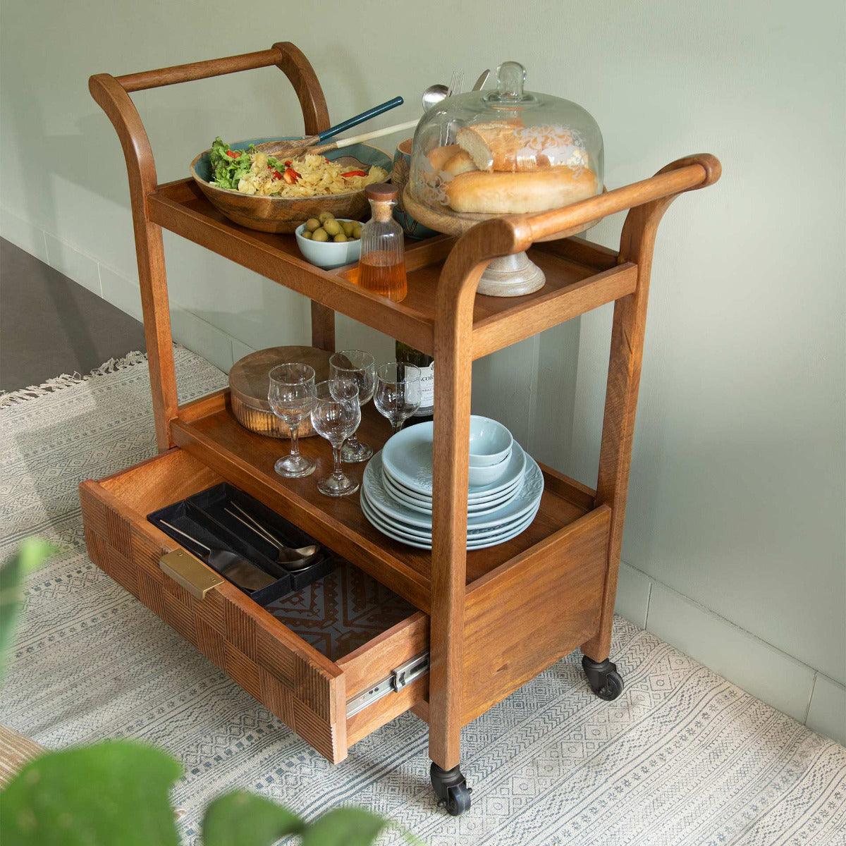 ODEJIA Hand - Crafted 2 - Tier Bar Trolley with Drawer (Natural Finish) - ODEJIA Bar Trolley