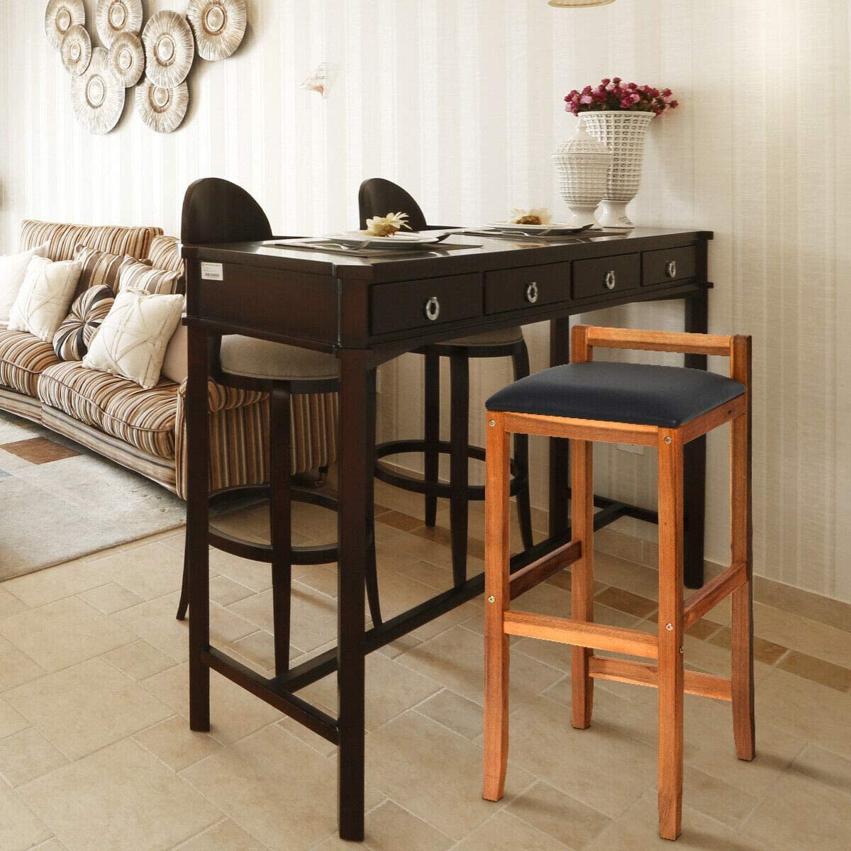 ODEJIA Set of 2 Acacia Solid Wood Counter Height Bar Stool Chair - ODEJIA Bar Stool