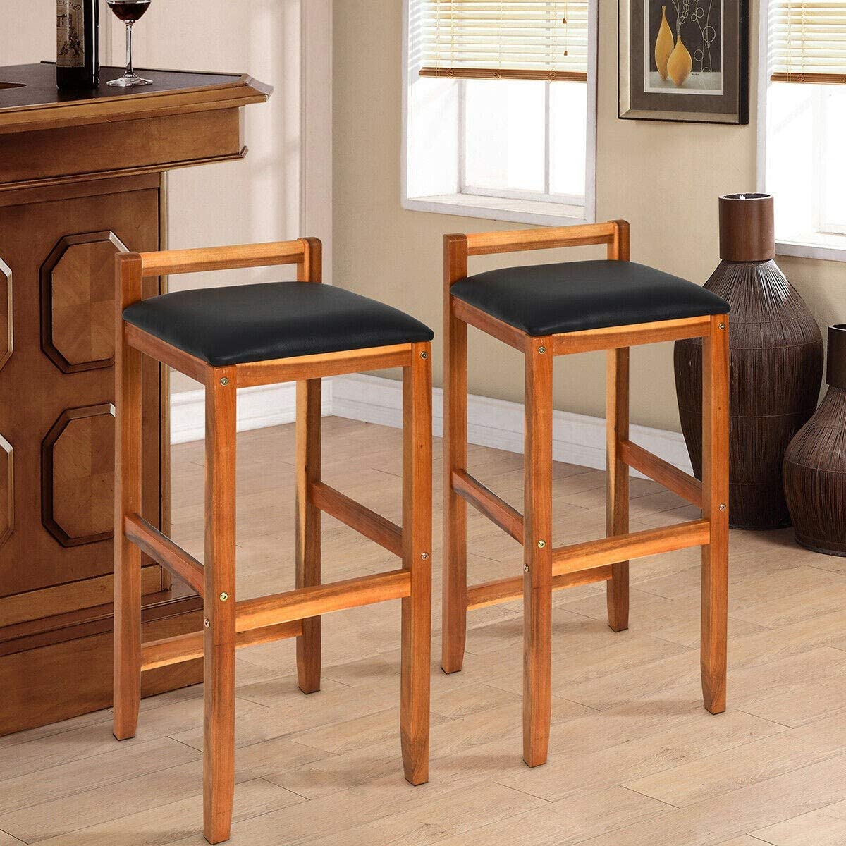 ODEJIA Set of Acacia Solid Wood Counter Height Bar Stool Chair