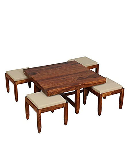 ODEJIA Solid Wood Coffee Table with 4 Stools - Honey Finish