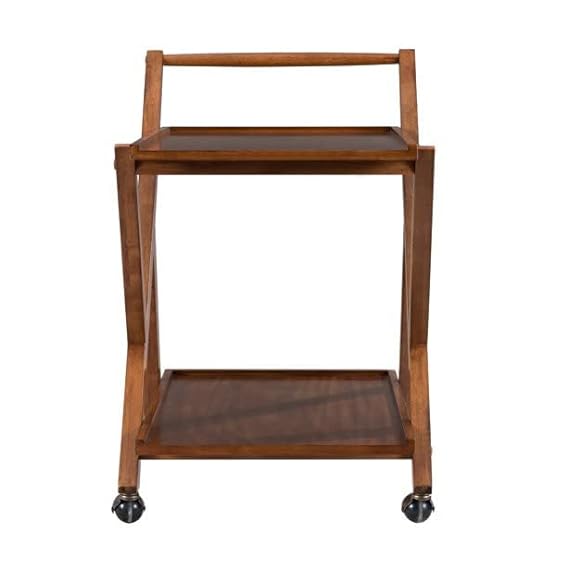 ODEJIA Solid Wood Bar Trolley - 2-Tier Midcentury Modern Wine Cart, Whiskey Maple