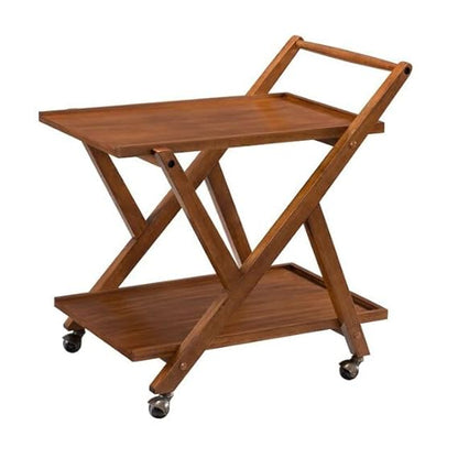 ODEJIA Solid Wood Bar Trolley - 2-Tier Midcentury Modern Wine Cart, Whiskey Maple