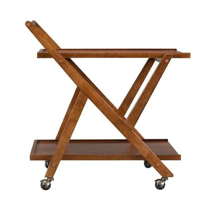 ODEJIA Solid Wood Bar Trolley - 2-Tier Midcentury Modern Wine Cart, Whiskey Maple