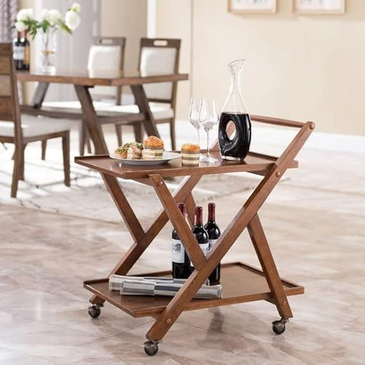 ODEJIA Solid Wood Bar Trolley - 2-Tier Midcentury Modern Wine Cart, Whiskey Maple