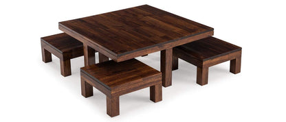 ODEJIA Vesta Beige Coffee Table with 4 Stools - Rustic Walnut Mahogany