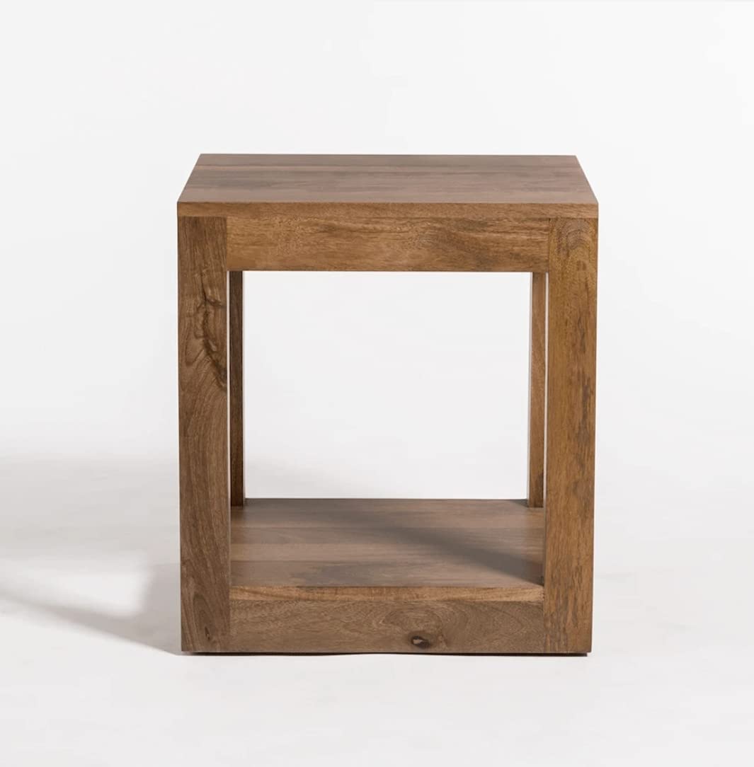 ODEJIA Solid Sheesham Wood Lamp Side Table with Lower Shelf Brown