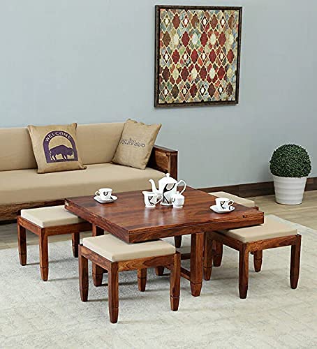 ODEJIA Solid Wood Coffee Table with 4 Stools - Honey Finish