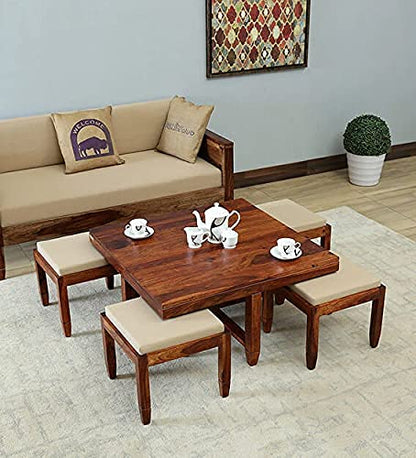 ODEJIA Solid Wood Coffee Table with 4 Stools - Honey Finish