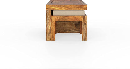ODEJIA Solid Sheesham Wood Coffee Table with 2 stools for Living Room Sheesham Wood Couple Coffee Table with Cushion | Natural Finish | Hotel | Lounge
