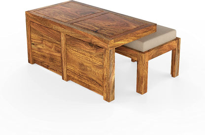 ODEJIA Solid Sheesham Wood Coffee Table with 2 stools for Living Room Sheesham Wood Couple Coffee Table with Cushion | Natural Finish | Hotel | Lounge