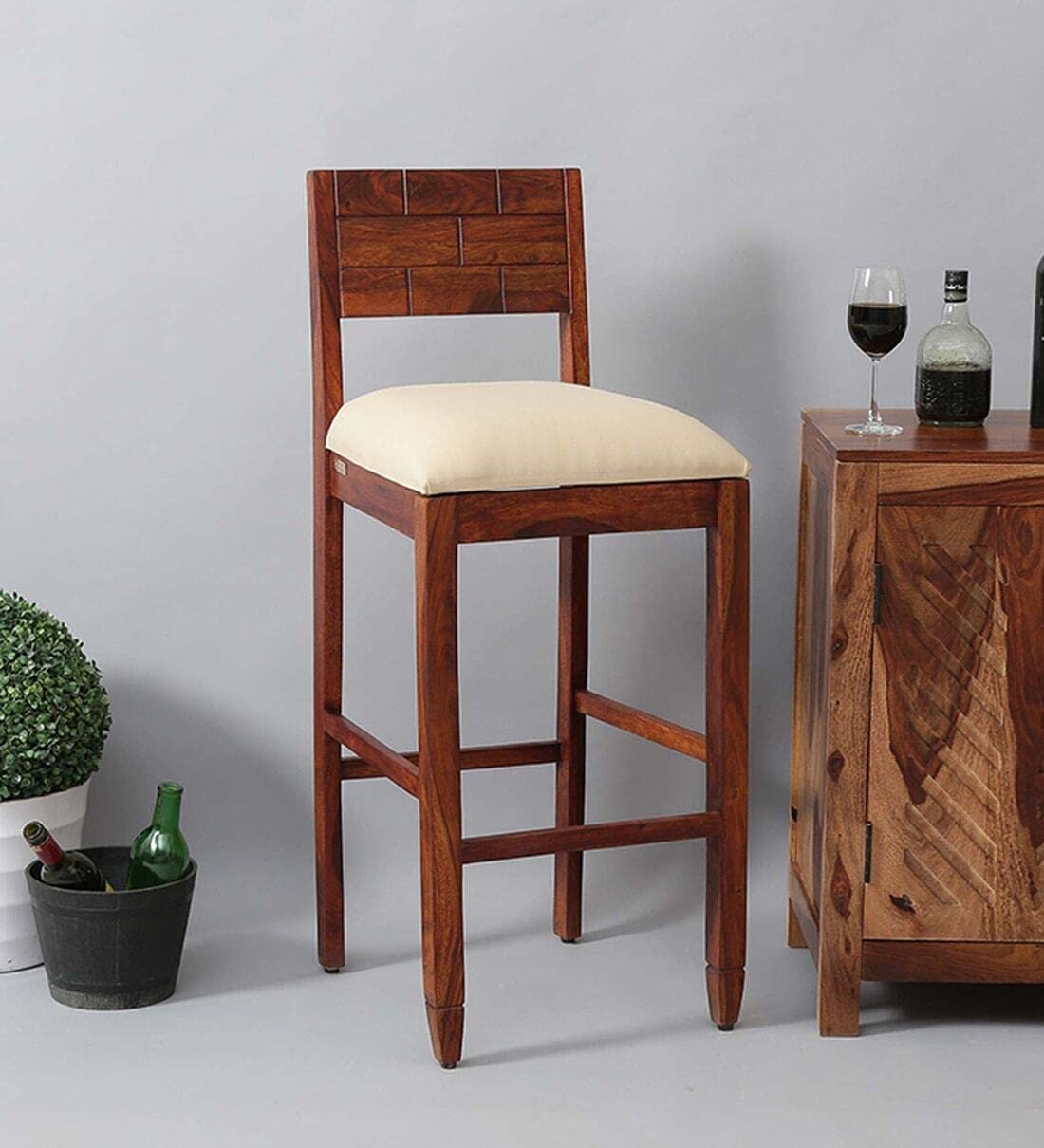 ODEJIA Solid Wood Bar Stool in Honey Oak Finish | Wooden Bar Chair | Break Fast Stool Chair for Kitchen | Bar Counter Chair