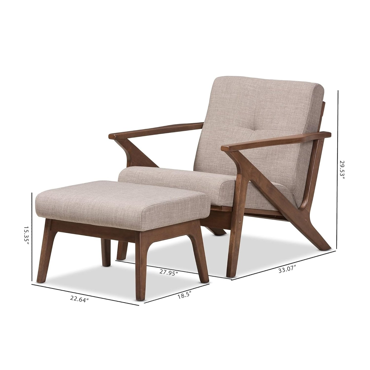 ODEJIA Sheesham Wood Lounge Chair & Ottoman Set – Walnut Finish with Brown Cushion