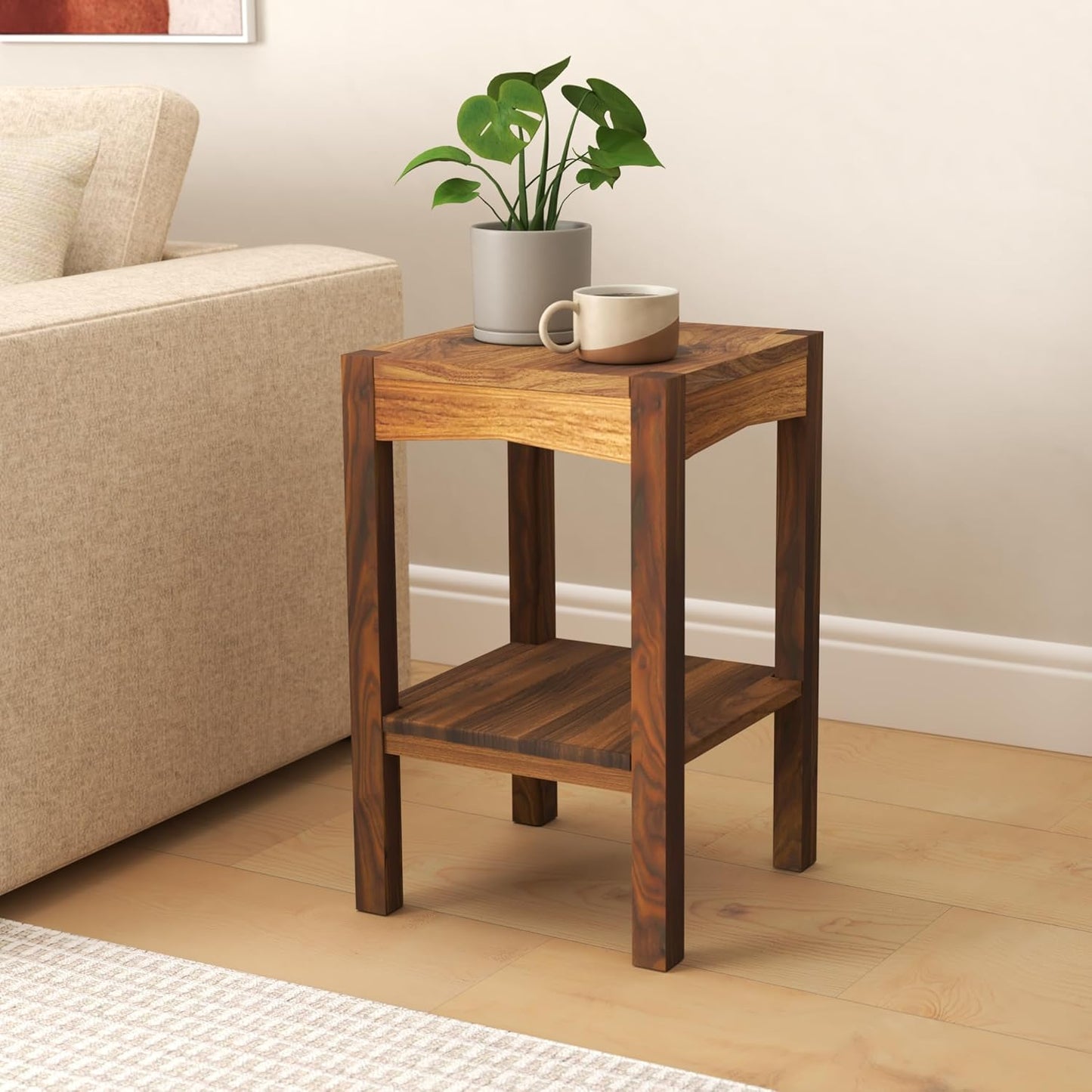 ODEJIA Solid Sheesham Wood Lamp Side Table with Lower Shelf Brown