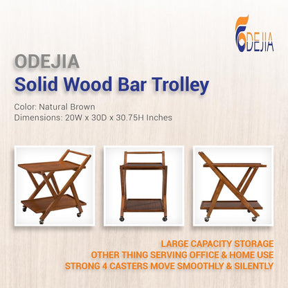 ODEJIA Solid Wood Bar Trolley - 2-Tier Midcentury Modern Wine Cart, Whiskey Maple