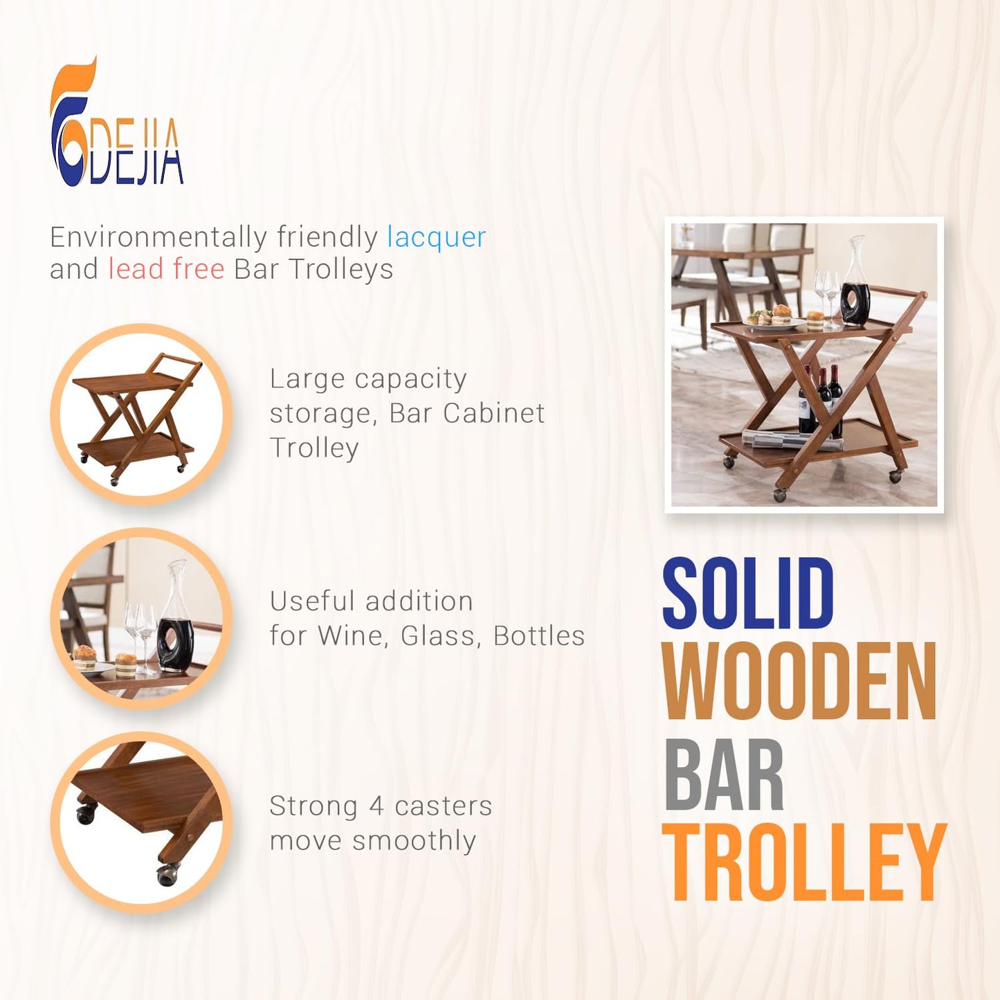 ODEJIA Solid Wood Bar Trolley - 2-Tier Midcentury Modern Wine Cart, Whiskey Maple