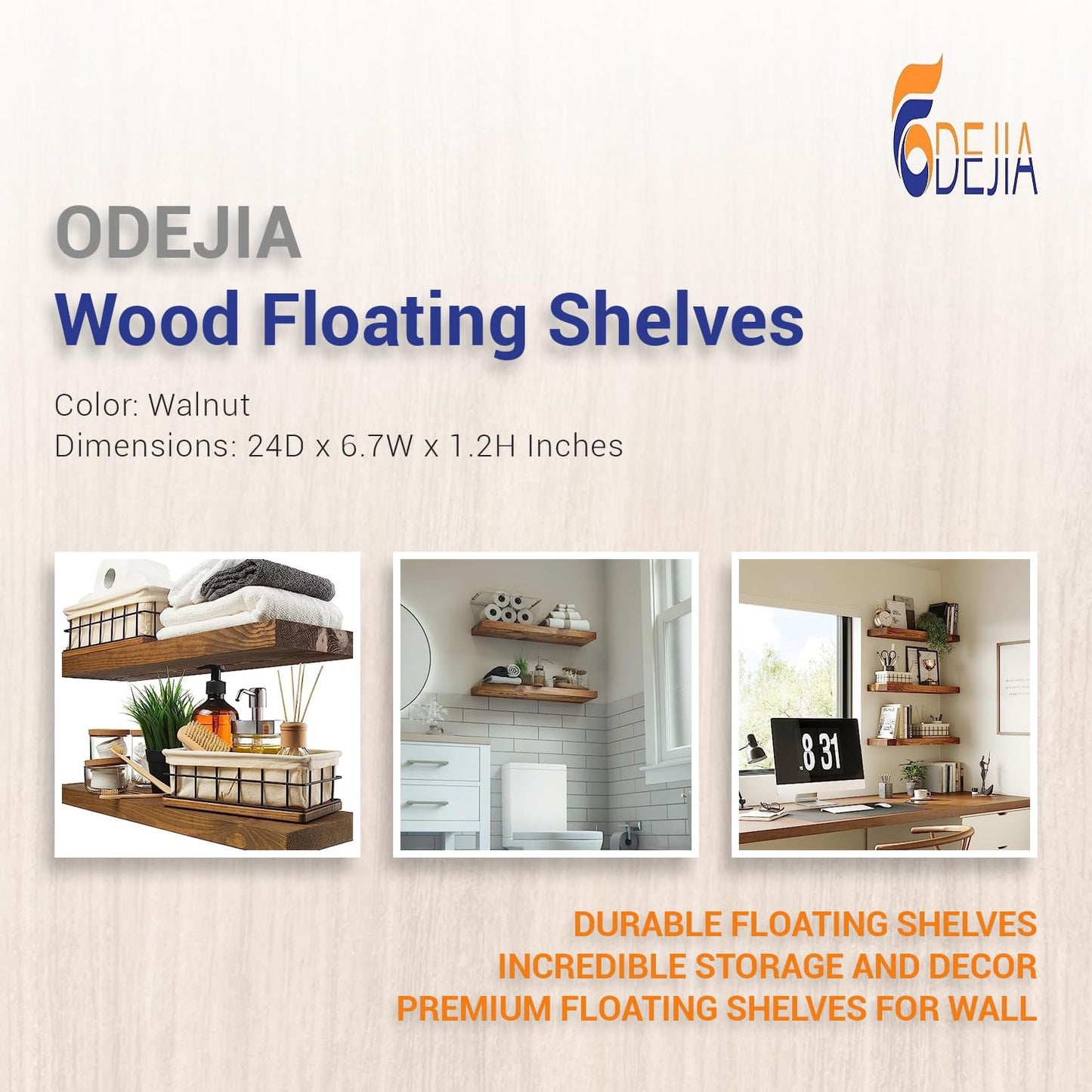 ODEJIA Wood Floating Shelves Set of 2  for Living Room Bedroom Kitchen Bathroom Farmhouse