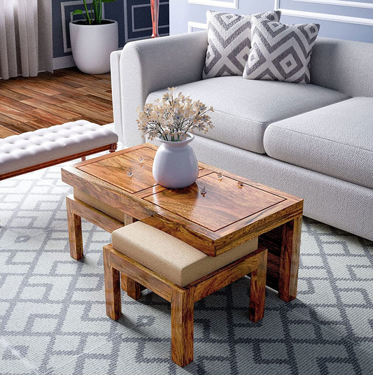 ODEJIA Solid Sheesham Wood Coffee Table with 2 stools for Living Room Sheesham Wood Couple Coffee Table with Cushion | Natural Finish | Hotel | Lounge