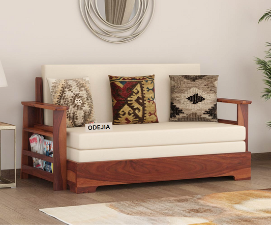 ODEJIA Wooden Queen Size Sheesham Wood Sofa Cum Bed (Honey Finish)