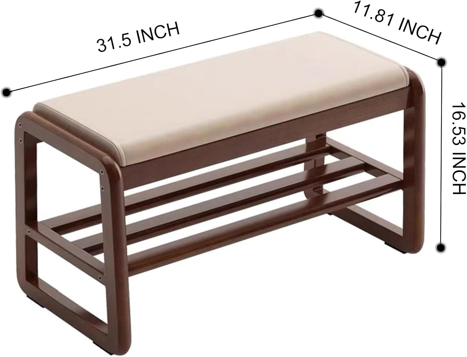 Mid-Century Modern Sheesham Wood Entryway Bench with White Cushion 2-Tier Storage and Seating for Dining Room, Living Room, or Bedroom