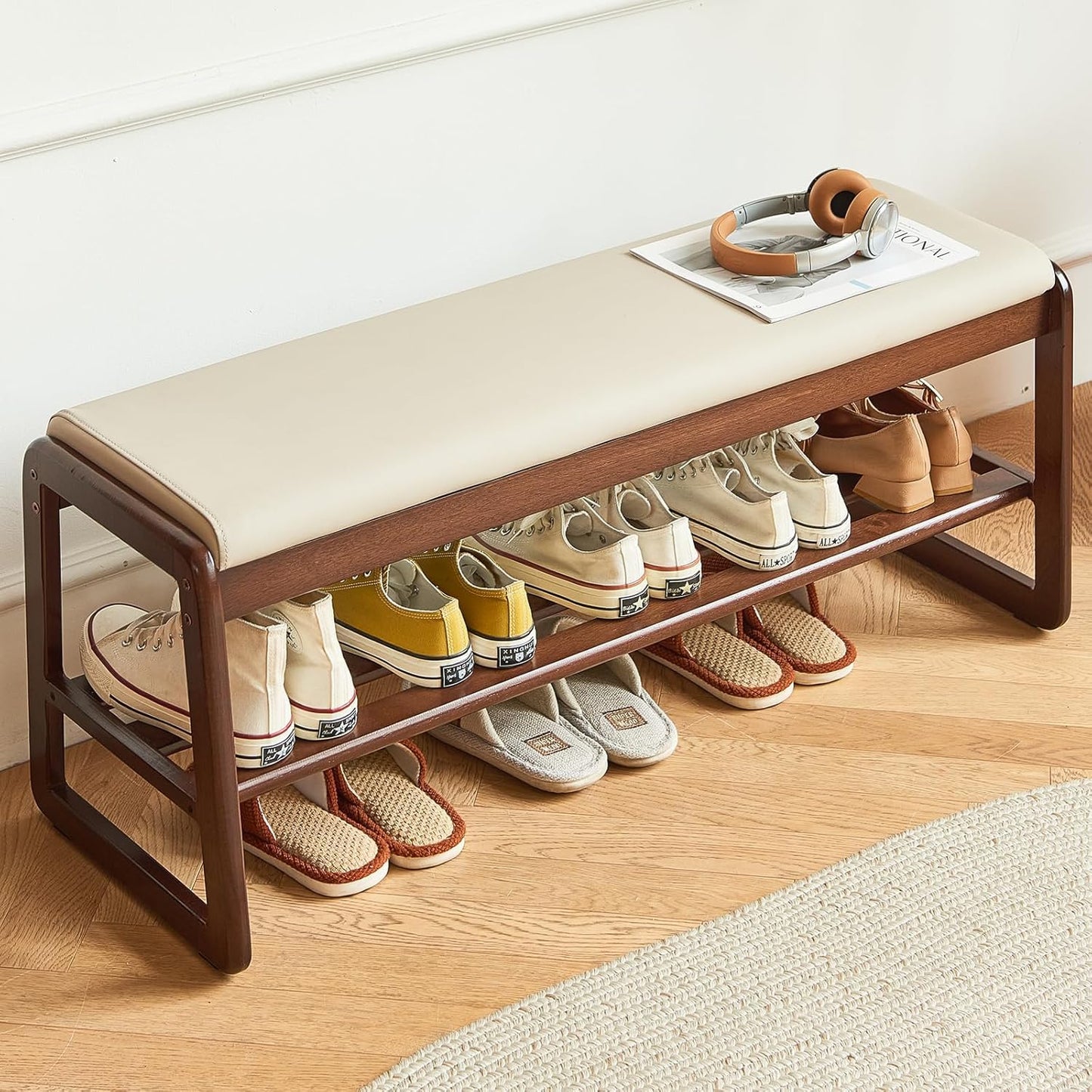 Mid - Century Modern Sheesham Wood Entryway Bench with White Cushion - 2 - Tier Storage and Seating for Dining Room, Living Room, or Bedroom - ODEJIA Shoe rack
