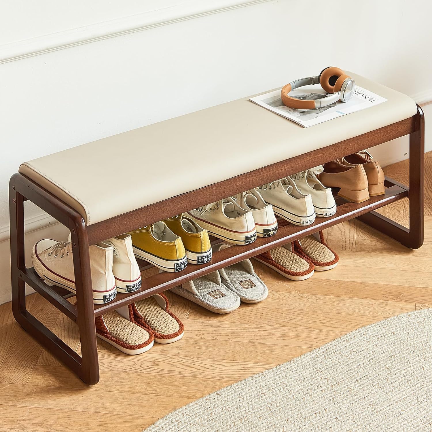 Mid - Century Modern Sheesham Wood Entryway Bench with White Cushion - 2 - Tier Storage and Seating for Dining Room, Living Room, or Bedroom - ODEJIA Shoe rack