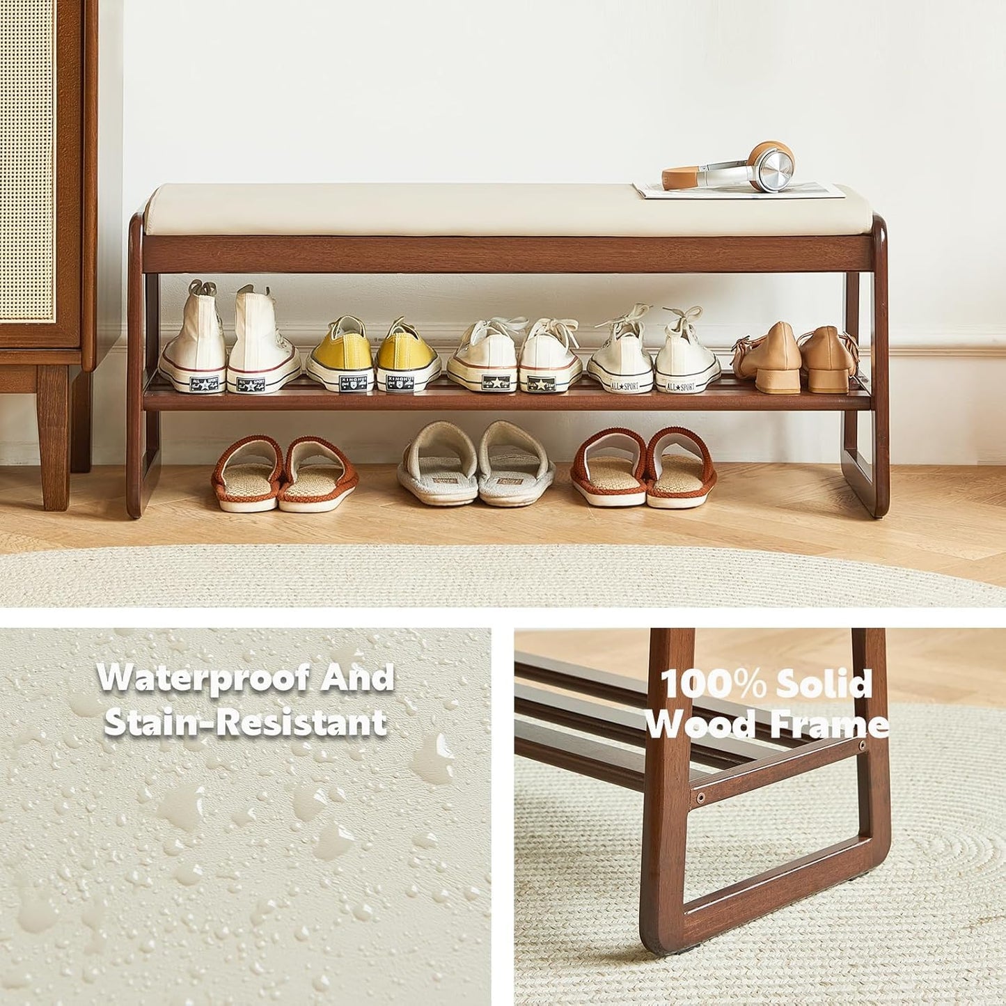 Mid - Century Modern Sheesham Wood Entryway Bench with White Cushion - 2 - Tier Storage and Seating for Dining Room, Living Room, or Bedroom - ODEJIA Shoe rack