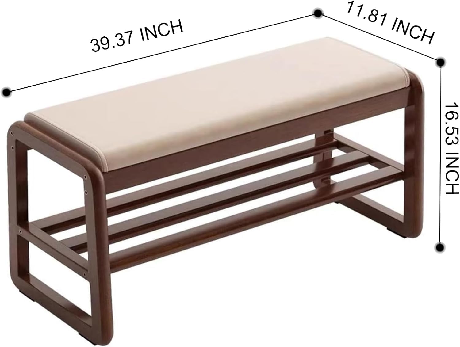 Mid - Century Modern Sheesham Wood Entryway Bench with White Cushion - 2 - Tier Storage and Seating for Dining Room, Living Room, or Bedroom - ODEJIA Shoe rack