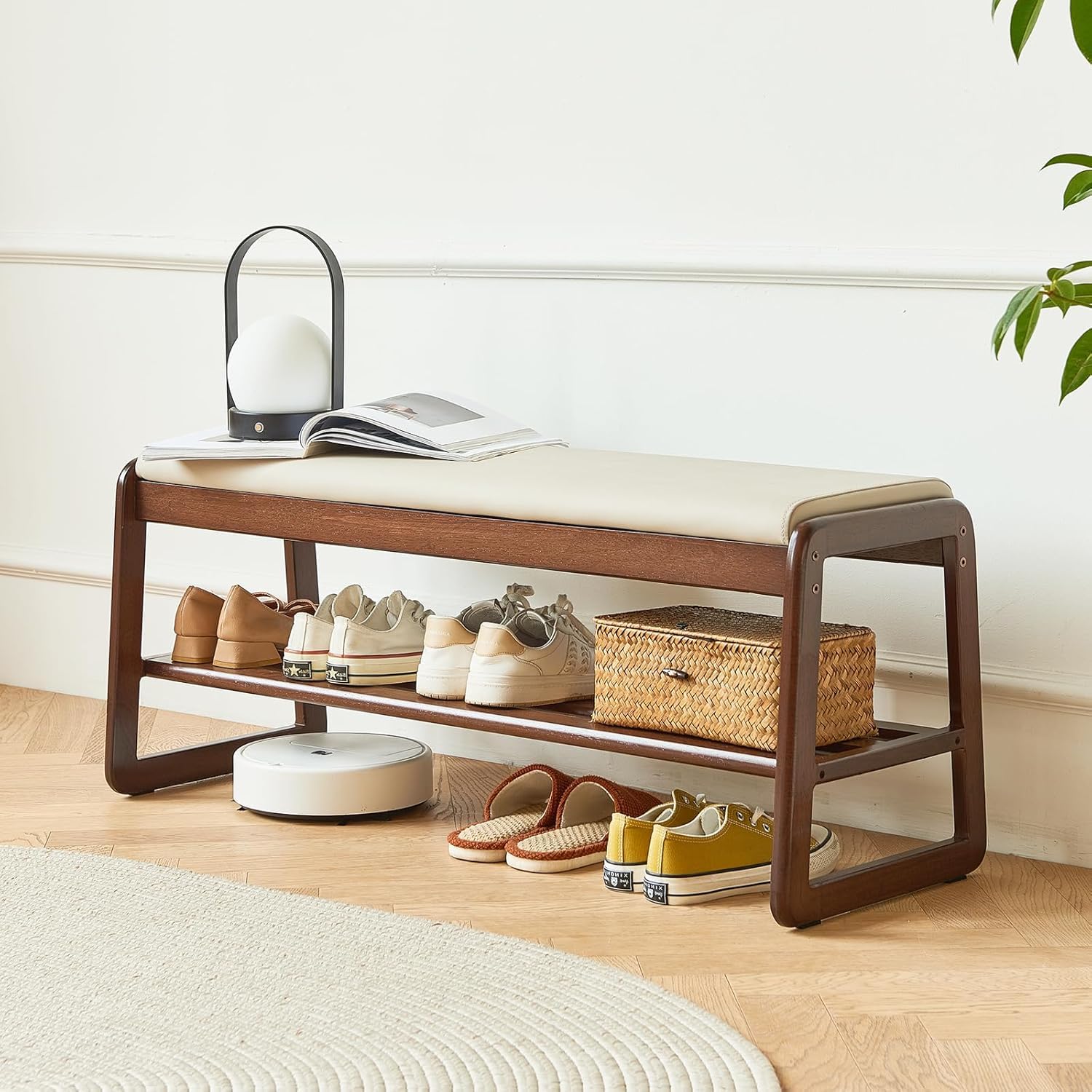 Mid - Century Modern Sheesham Wood Entryway Bench with White Cushion - 2 - Tier Storage and Seating for Dining Room, Living Room, or Bedroom - ODEJIA Shoe rack