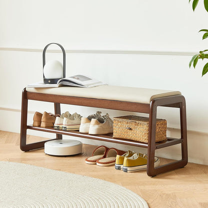Mid - Century Modern Sheesham Wood Entryway Bench with White Cushion - 2 - Tier Storage and Seating for Dining Room, Living Room, or Bedroom - ODEJIA Shoe rack