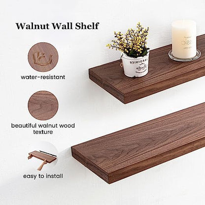 ODEJIA 24'' Sheesham Wood Walnut Floating Shelves, Set of 2 - With Heavy - Duty Brackets For Kitchen, Bedroom, Living Room - ODEJIA Wall Shelves