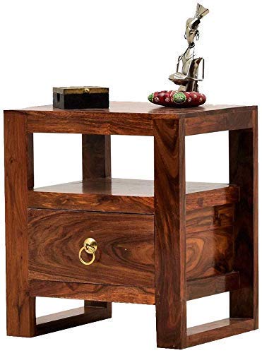 ODEJIA Bedside End Table with Drawer Table for Living Room | Teak Brown Finish | Wood Type : - Sheesham (Solid Wood) - ODEJIA Side Table