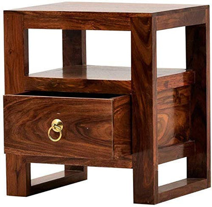 ODEJIA Bedside End Table with Drawer Table for Living Room | Teak Brown Finish | Wood Type : - Sheesham (Solid Wood) - ODEJIA Side Table